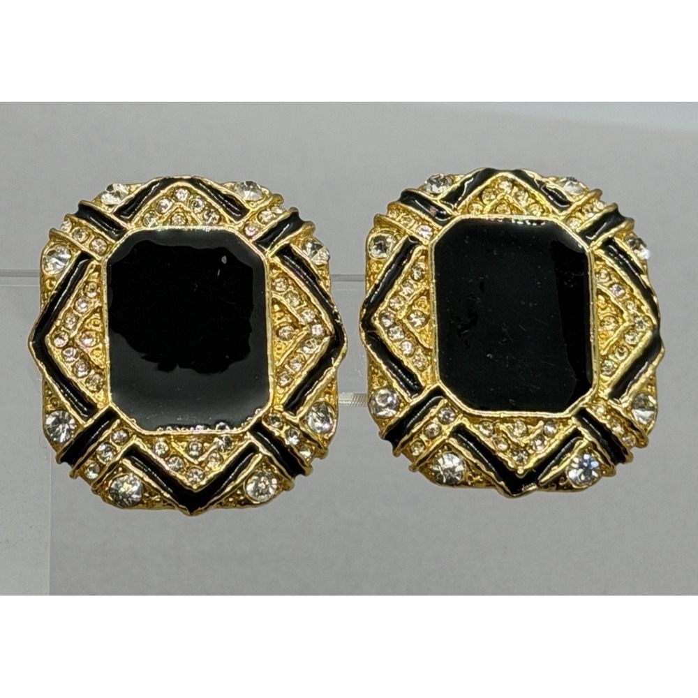 Vintage Gold‎ Tone Black Enamel Center Clear Rhinestone Panel Design Clip On - Picture 5 of 11